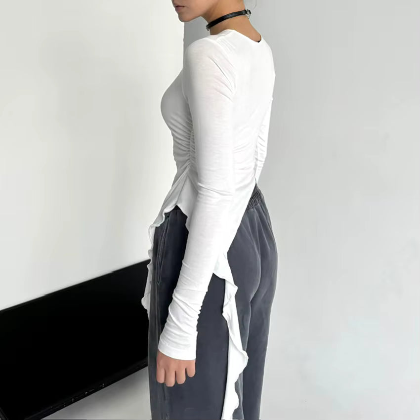 Trendy Ruffled Patchwork Pullover Knit Slim T-shirt Mssza