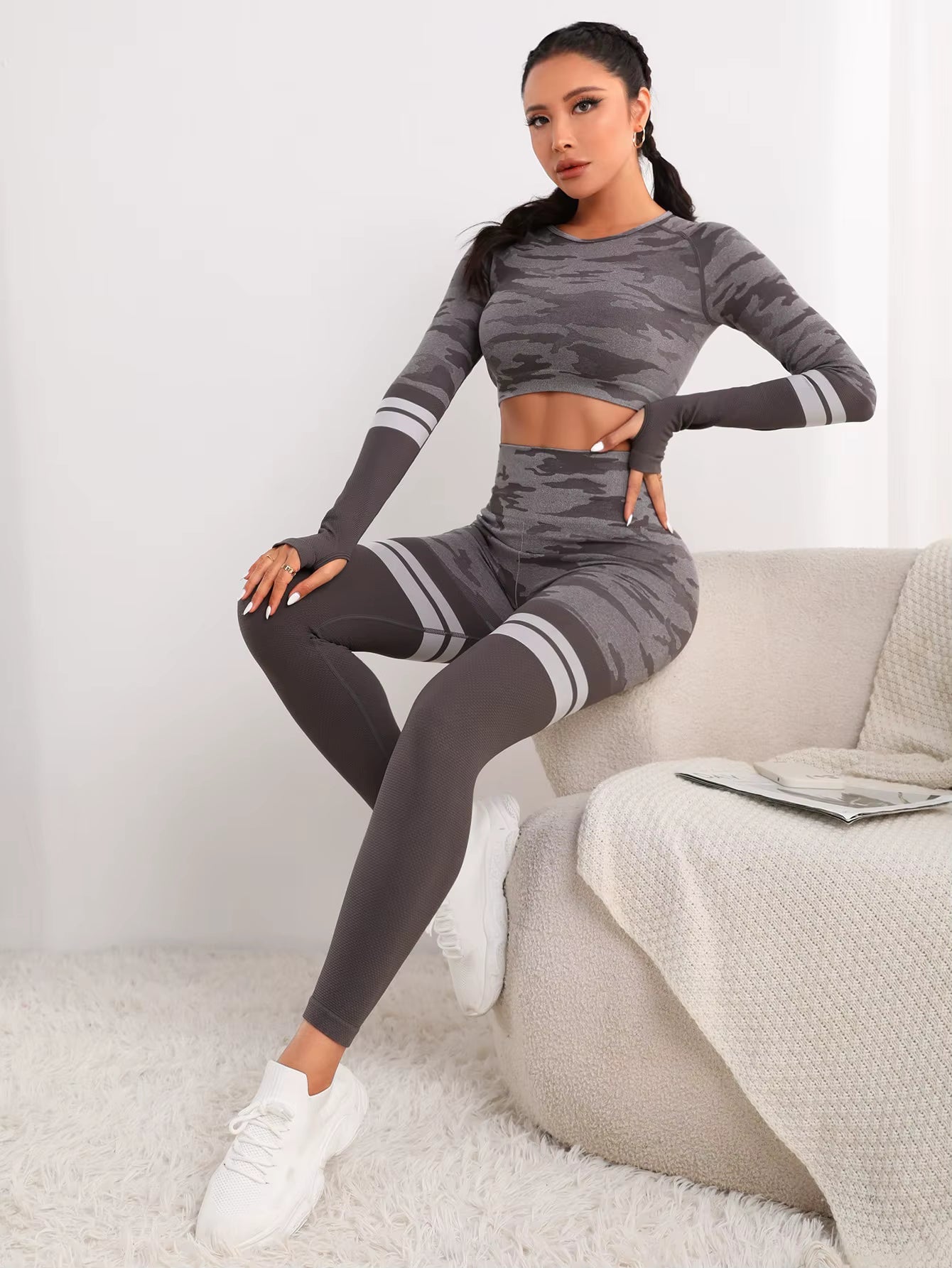 Trendy Seamless Fitness Long Sleeve Cropped Top high Waist Trousers Yoga Suit Mssza