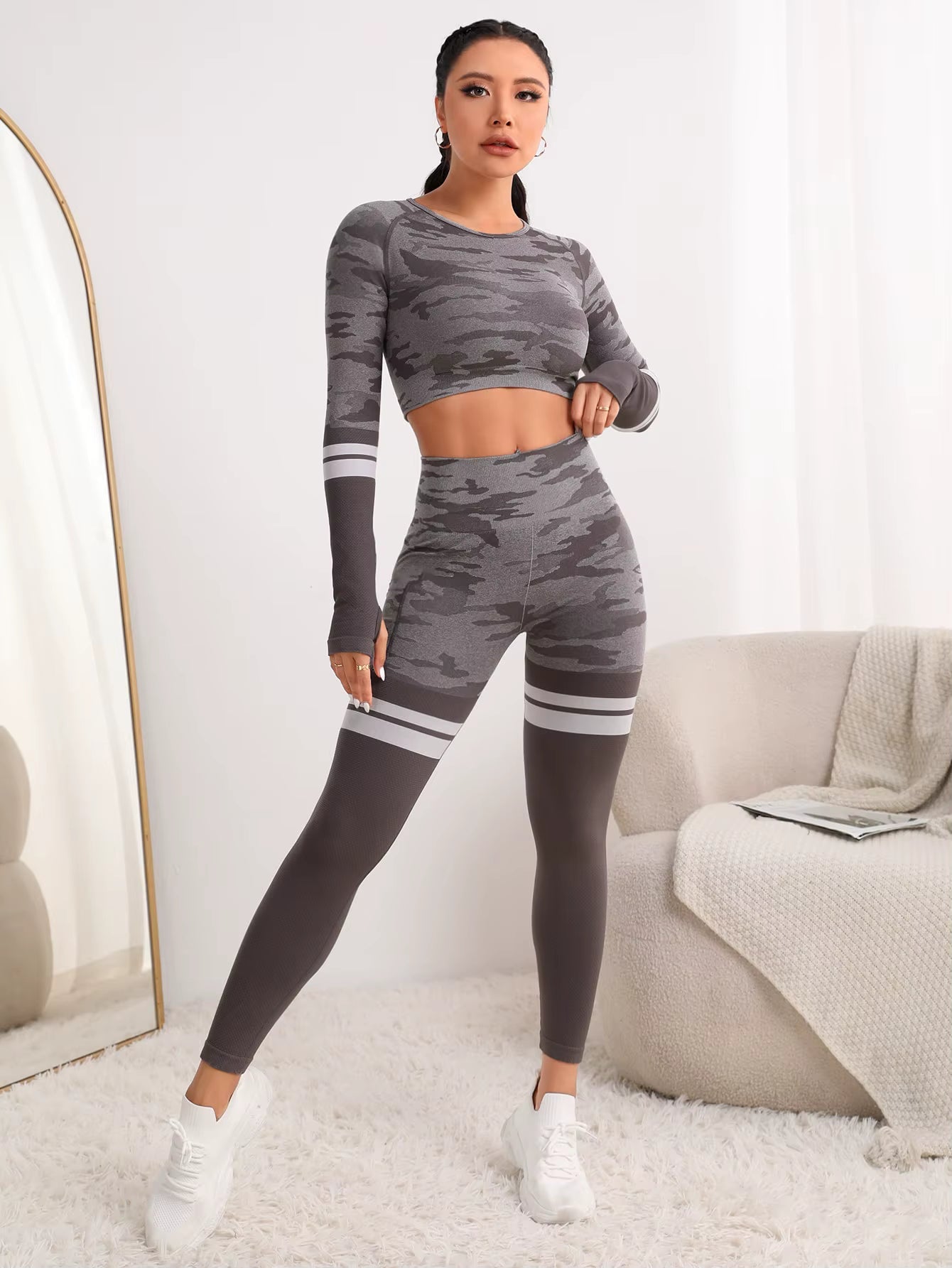 Trendy Seamless Fitness Long Sleeve Cropped Top high Waist Trousers Yoga Suit Mssza