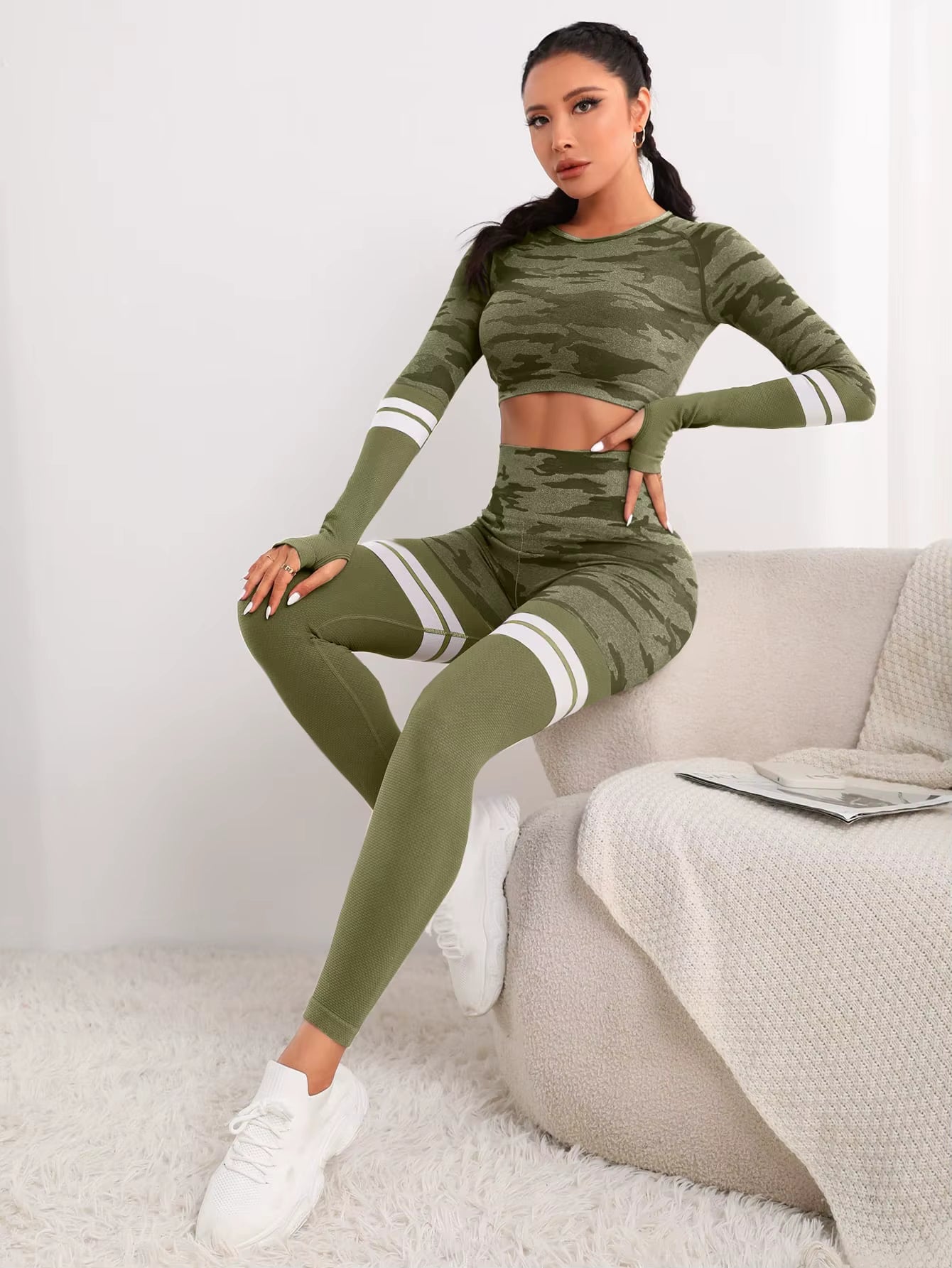 Trendy Seamless Fitness Long Sleeve Cropped Top high Waist Trousers Yoga Suit Mssza