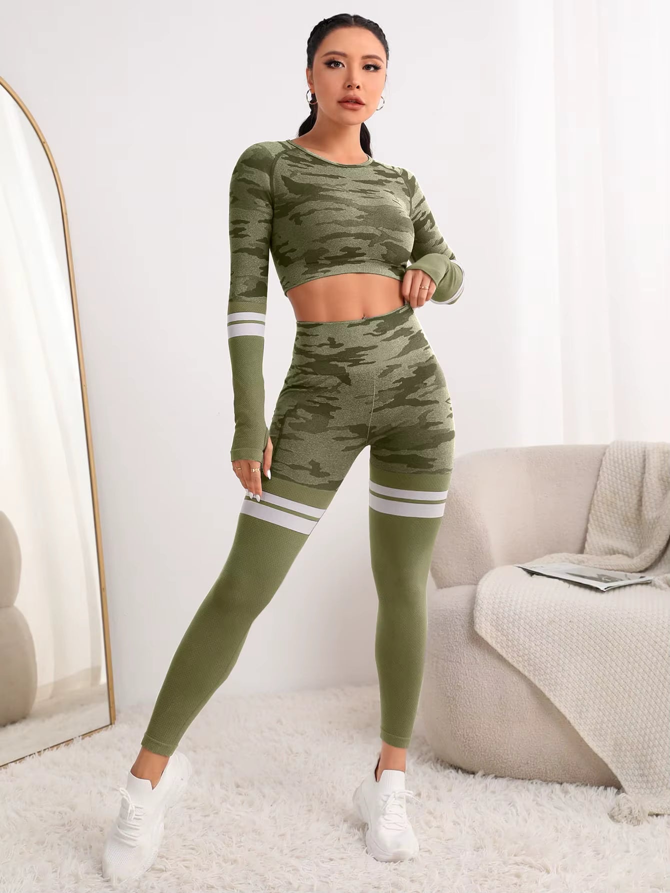 Trendy Seamless Fitness Long Sleeve Cropped Top high Waist Trousers Yoga Suit Mssza
