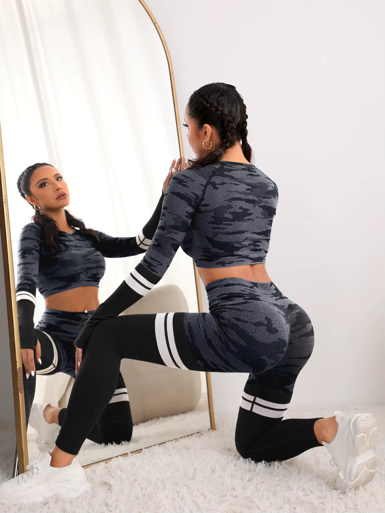 Trendy Seamless Fitness Long Sleeve Cropped Top high Waist Trousers Yoga Suit Mssza