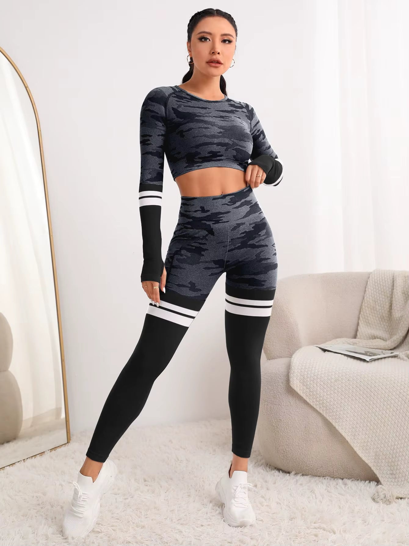 Trendy Seamless Fitness Long Sleeve Cropped Top high Waist Trousers Yoga Suit Mssza