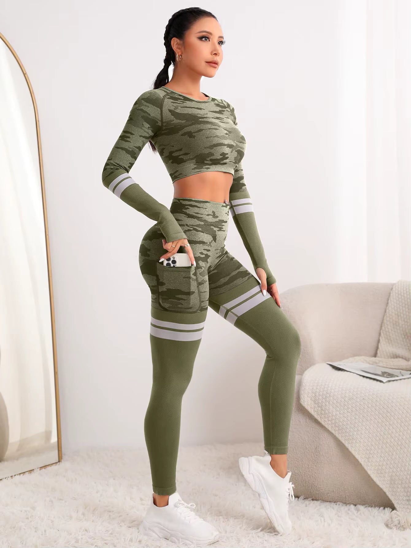 Trendy Seamless Fitness Long Sleeve Cropped Top high Waist Trousers Yoga Suit Mssza