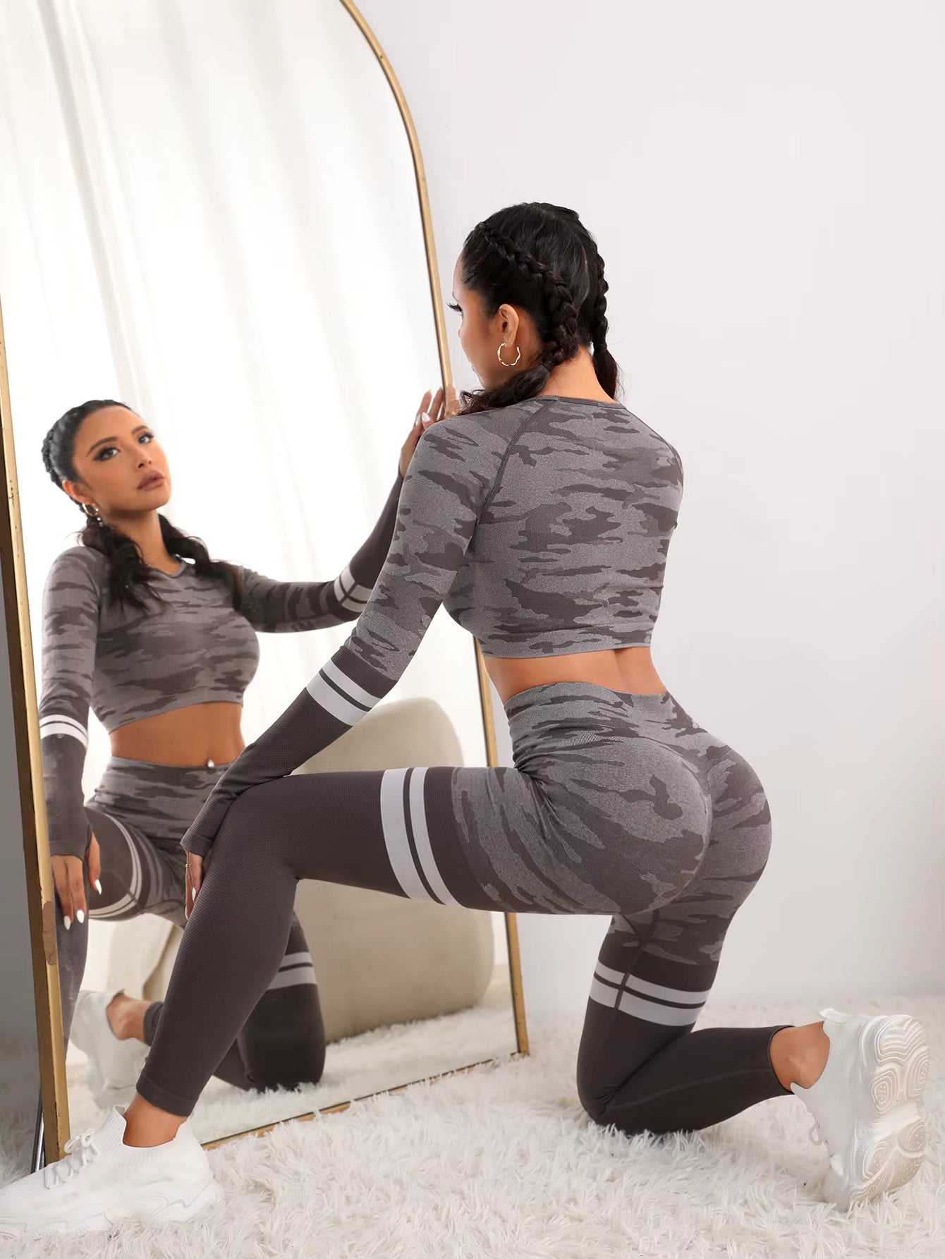 Trendy Seamless Fitness Long Sleeve Cropped Top high Waist Trousers Yoga Suit Mssza