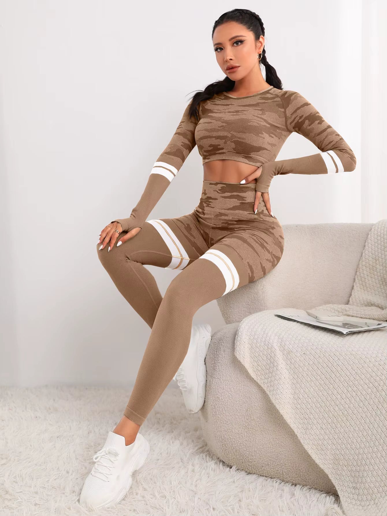 Trendy Seamless Fitness Long Sleeve Cropped Top high Waist Trousers Yoga Suit Mssza