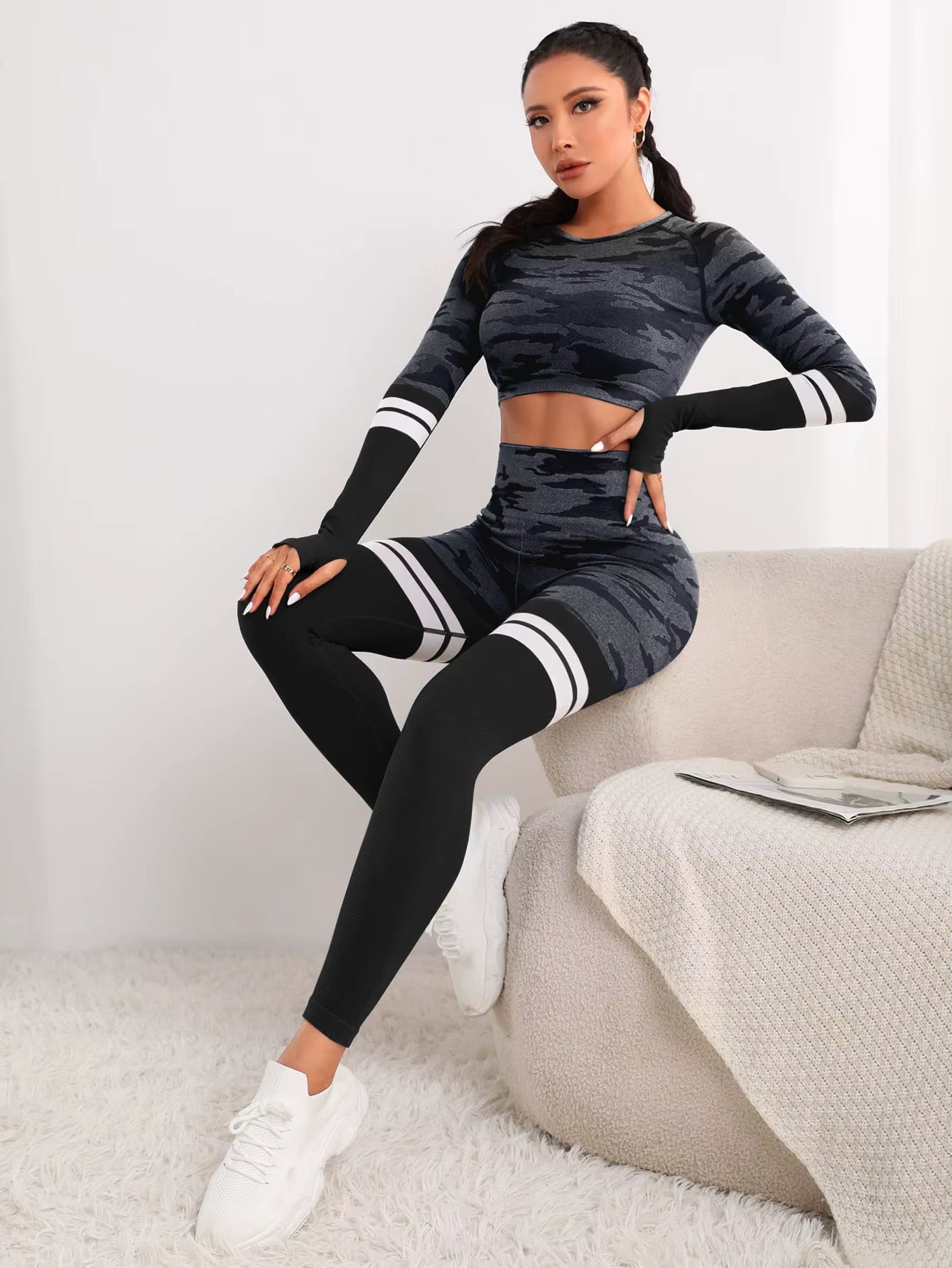 Trendy Seamless Fitness Long Sleeve Cropped Top high Waist Trousers Yoga Suit Mssza