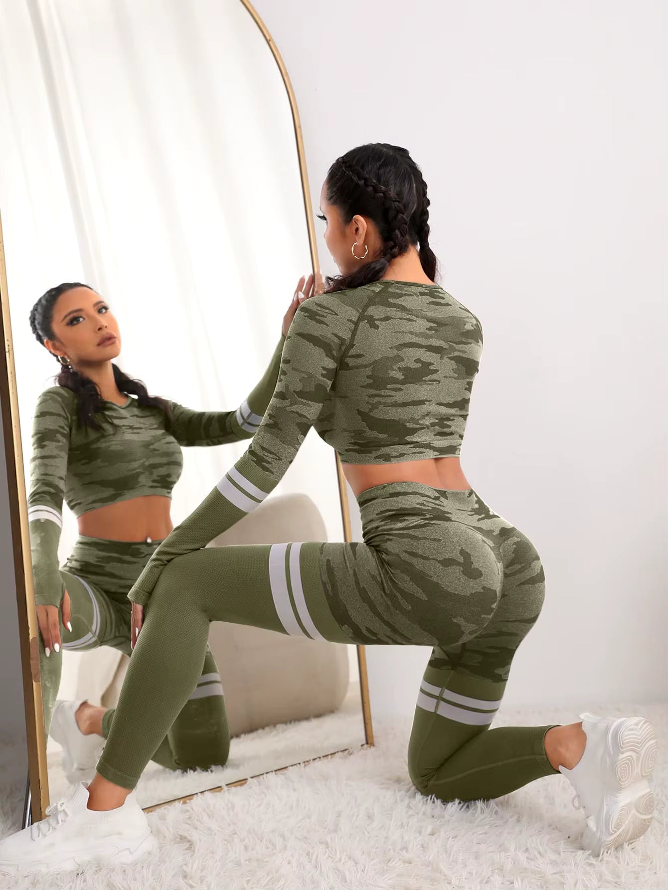 Trendy Seamless Fitness Long Sleeve Cropped Top high Waist Trousers Yoga Suit Mssza