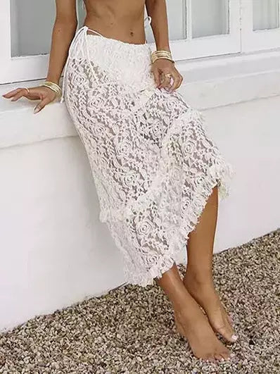 Trendy Sheer Design Ruffles Lace Beach Style Cover-Up Long Skirt Mssza