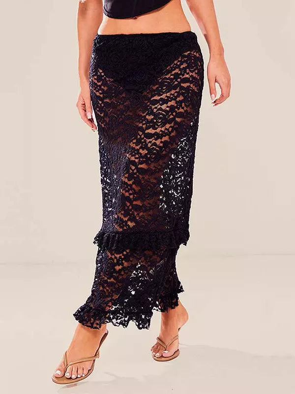 Trendy Sheer Design Ruffles Lace Beach Style Cover-Up Long Skirt Mssza