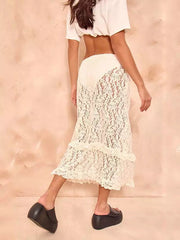 Trendy Sheer Design Ruffles Lace Beach Style Cover-Up Long Skirt Mssza