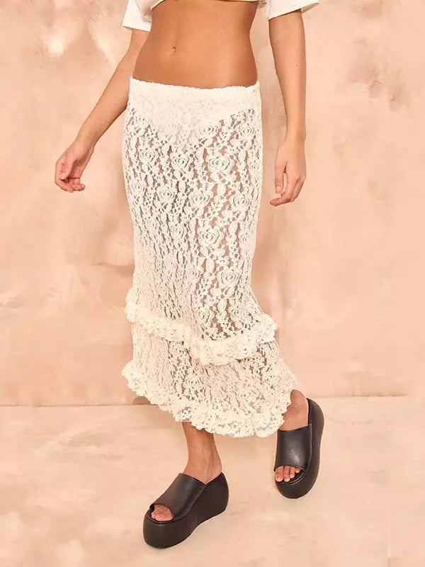 Trendy Sheer Design Ruffles Lace Beach Style Cover-Up Long Skirt Mssza