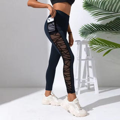 Trendy Side Pockets Mesh Splicing Yoga Tights Pants Mssza