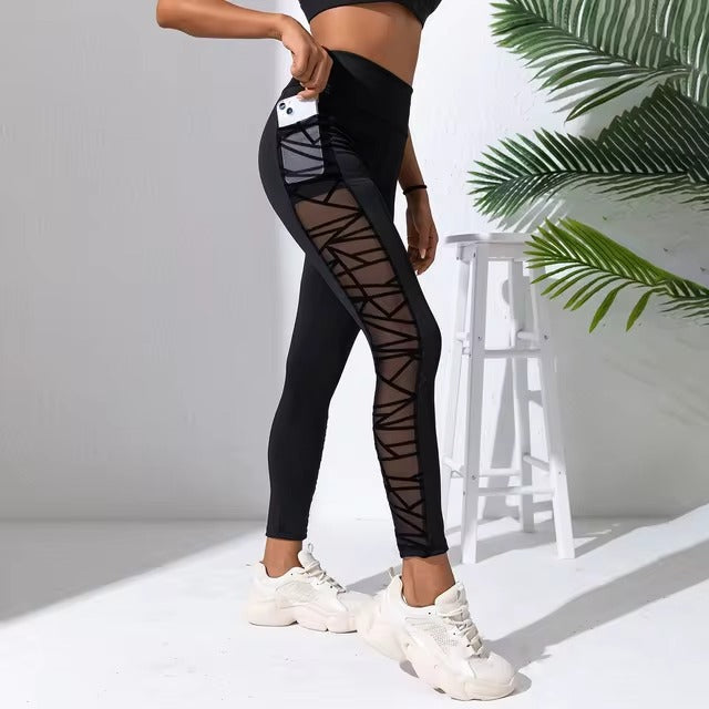 Trendy Side Pockets Mesh Splicing Yoga Tights Pants Mssza