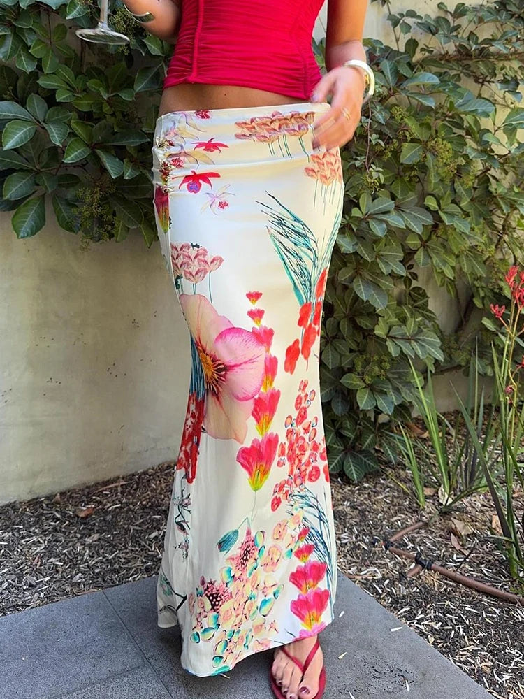 Trendy Simple Bottoms Colorful Print Stretch Ankle Length Skirts Streetwear Mssza