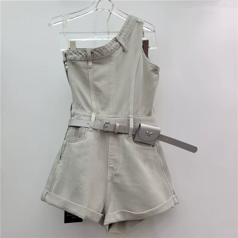 Trendy Single Shoulder Sleeveless Belt Design Rompers Denim Playsuit Mssza