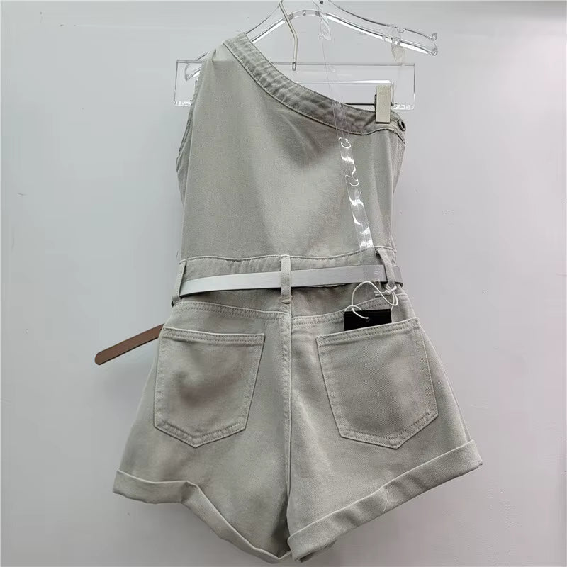 Trendy Single Shoulder Sleeveless Belt Design Rompers Denim Playsuit Mssza
