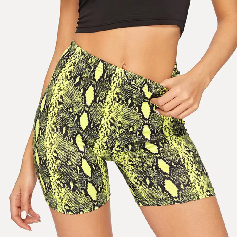 Trendy Skinny Snake Print High Waisted Elastic Waist Shorts Mssza