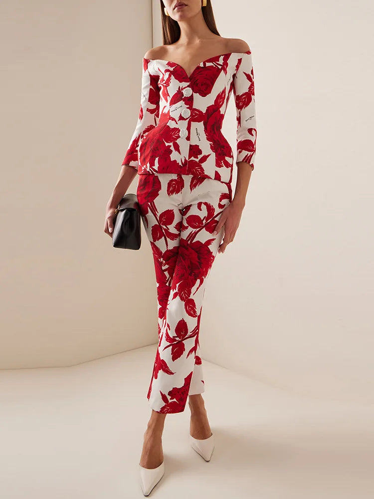 Trendy Slash Neck Floral Printed Top Pants Set Designer Suit Set Mssza