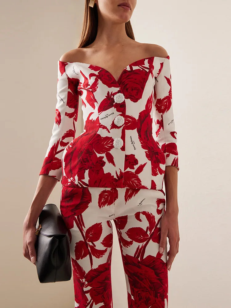 Trendy Slash Neck Floral Printed Top Pants Set Designer Suit Set Mssza