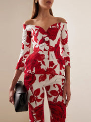 Trendy Slash Neck Floral Printed Top Pants Set Designer Suit Set Mssza
