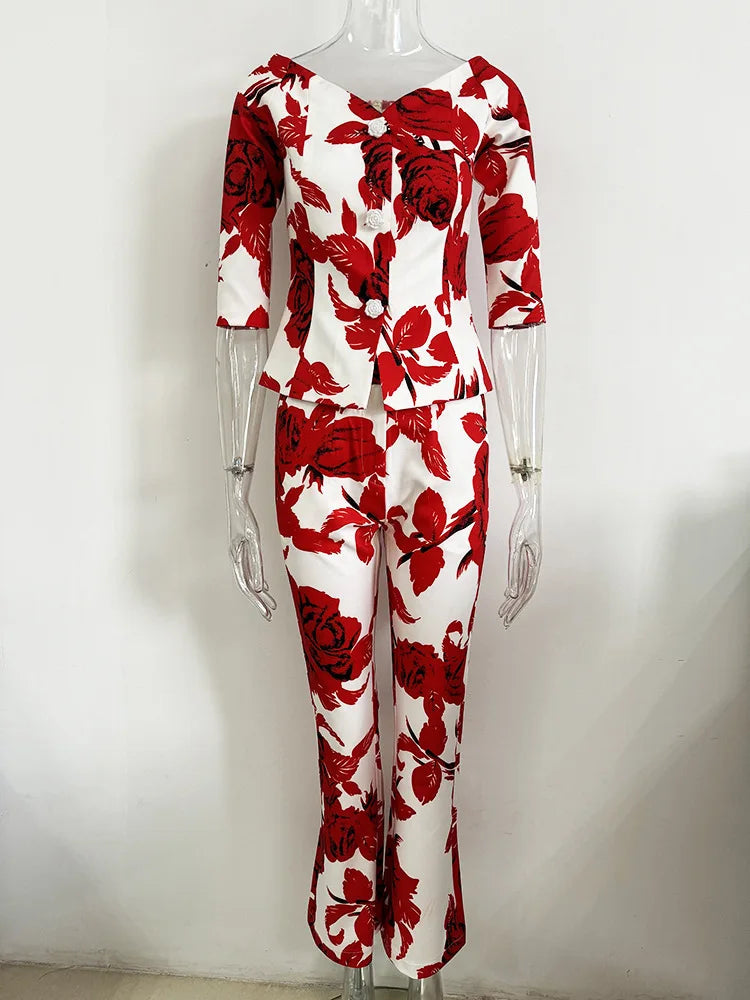 Trendy Slash Neck Floral Printed Top Pants Set Designer Suit Set Mssza