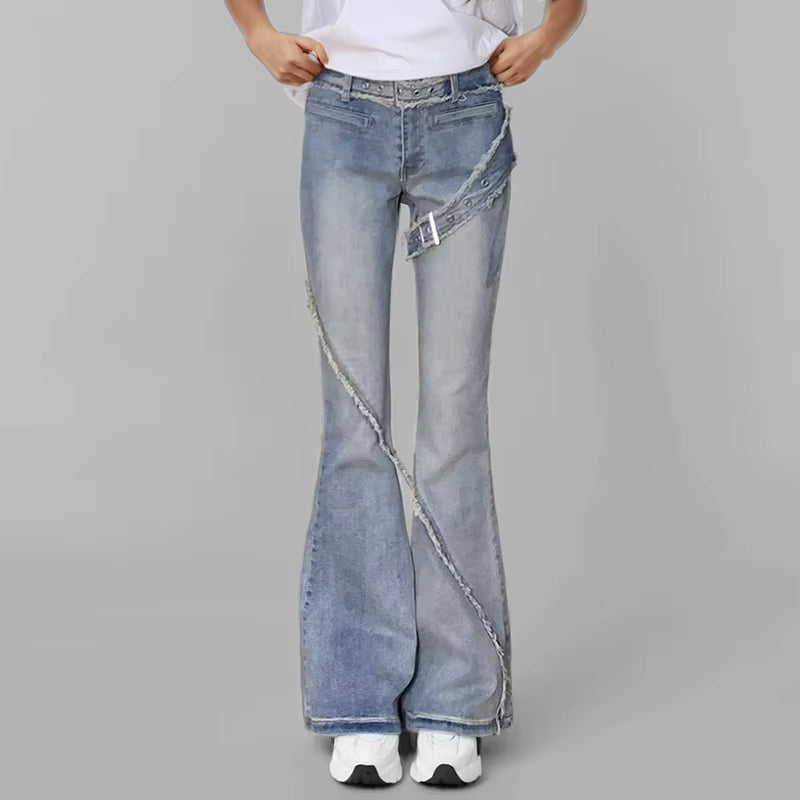 Trendy Spliced Plush Edge Belt Design Flare High Waist Denim Jeans Mssza