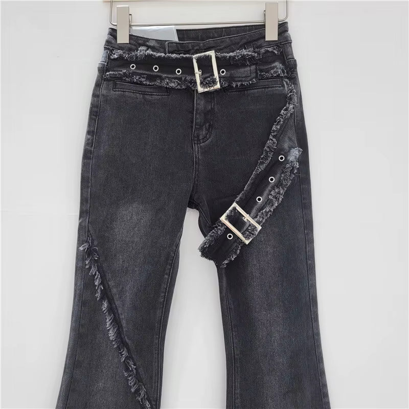 Trendy Spliced Plush Edge Belt Design Flare High Waist Denim Jeans Mssza