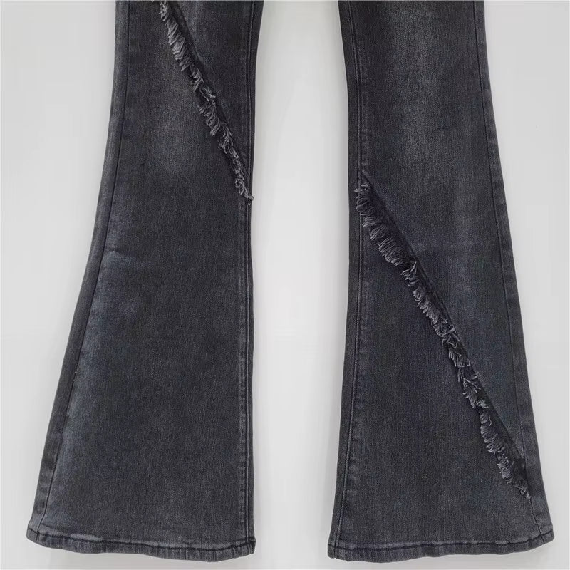 Trendy Spliced Plush Edge Belt Design Flare High Waist Denim Jeans Mssza