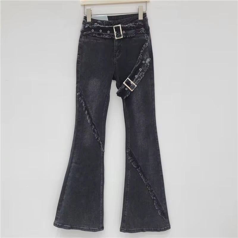 Trendy Spliced Plush Edge Belt Design Flare High Waist Denim Jeans Mssza