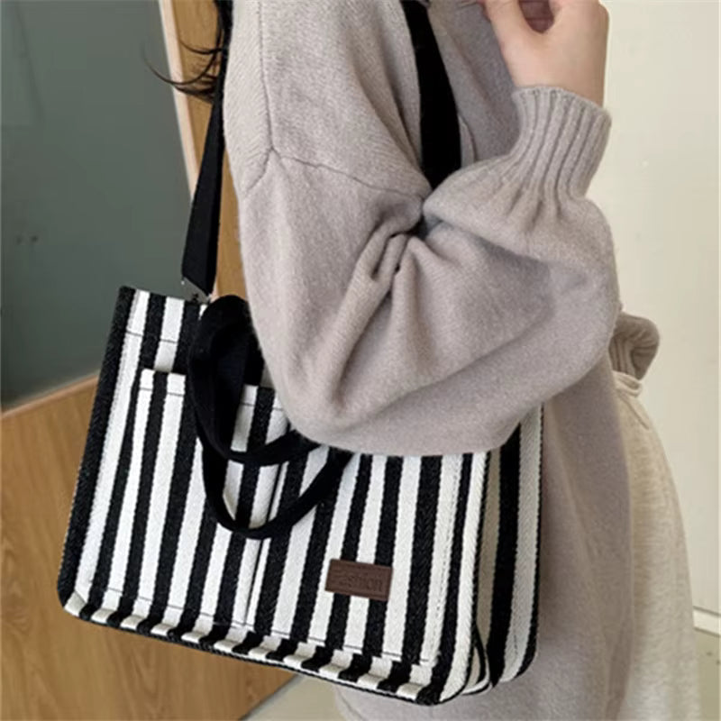 Trendy Striped Cool Street Large Capacity Travel Shopping Tote Bag Mssza