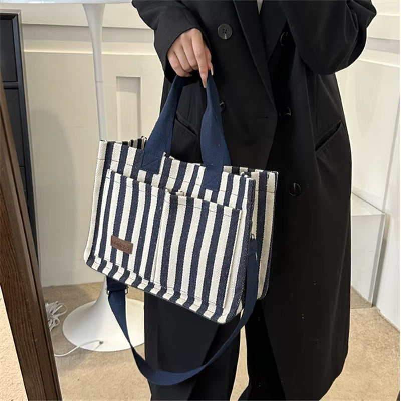 Trendy Striped Cool Street Large Capacity Travel Shopping Tote Bag Mssza