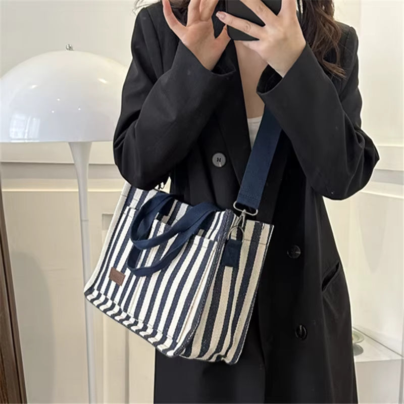 Trendy Striped Cool Street Large Capacity Travel Shopping Tote Bag Mssza