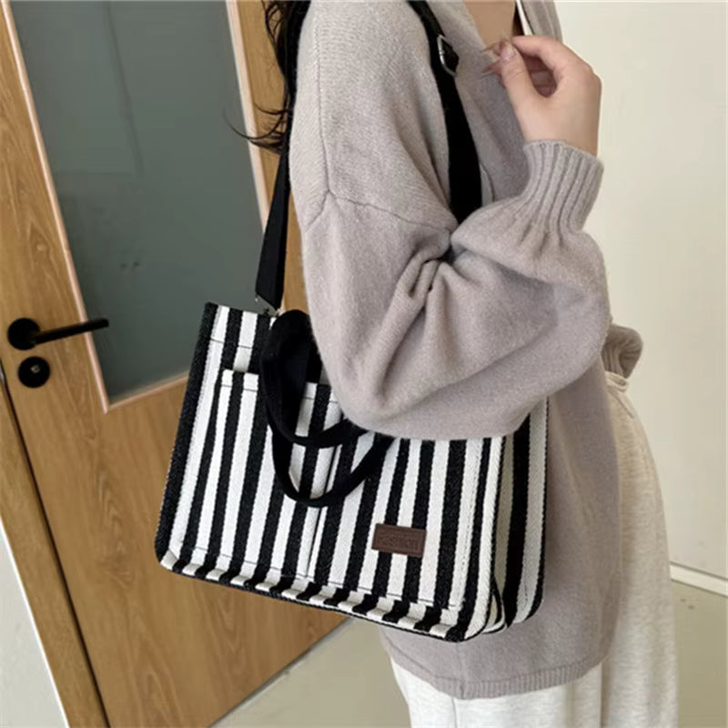 Trendy Striped Cool Street Large Capacity Travel Shopping Tote Bag Mssza