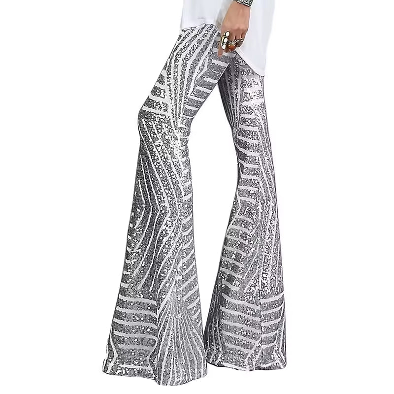 Trendy Striped Sequin High Waist Loose Wide Leg Pants Mssza
