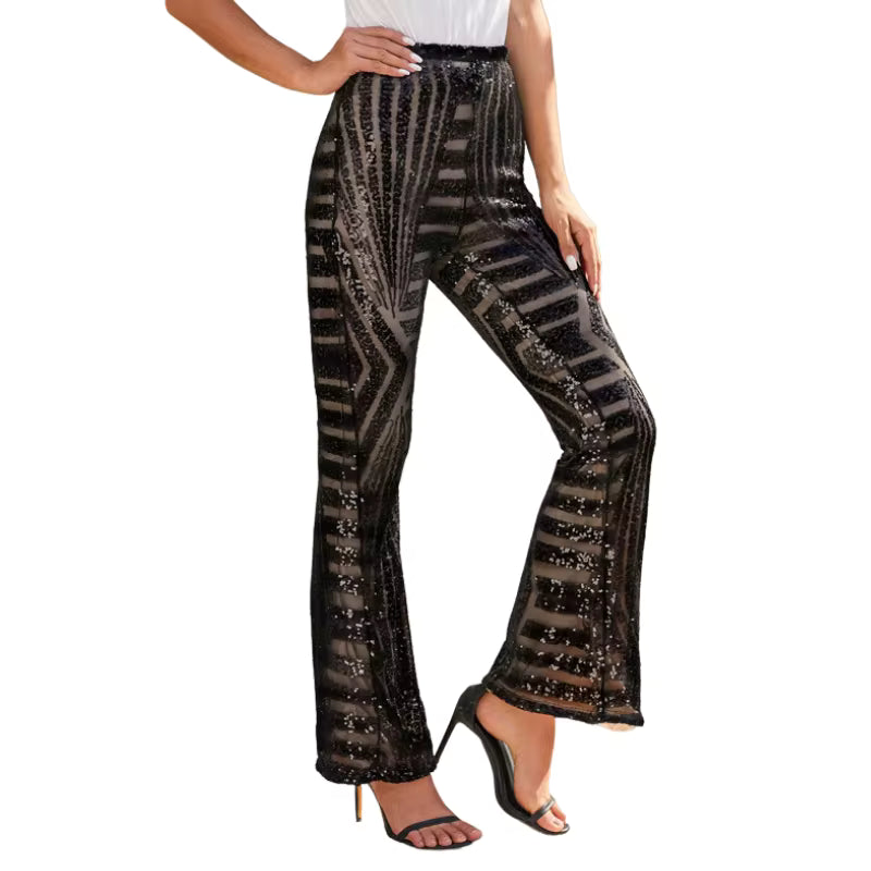 Trendy Striped Sequin High Waist Loose Wide Leg Pants Mssza