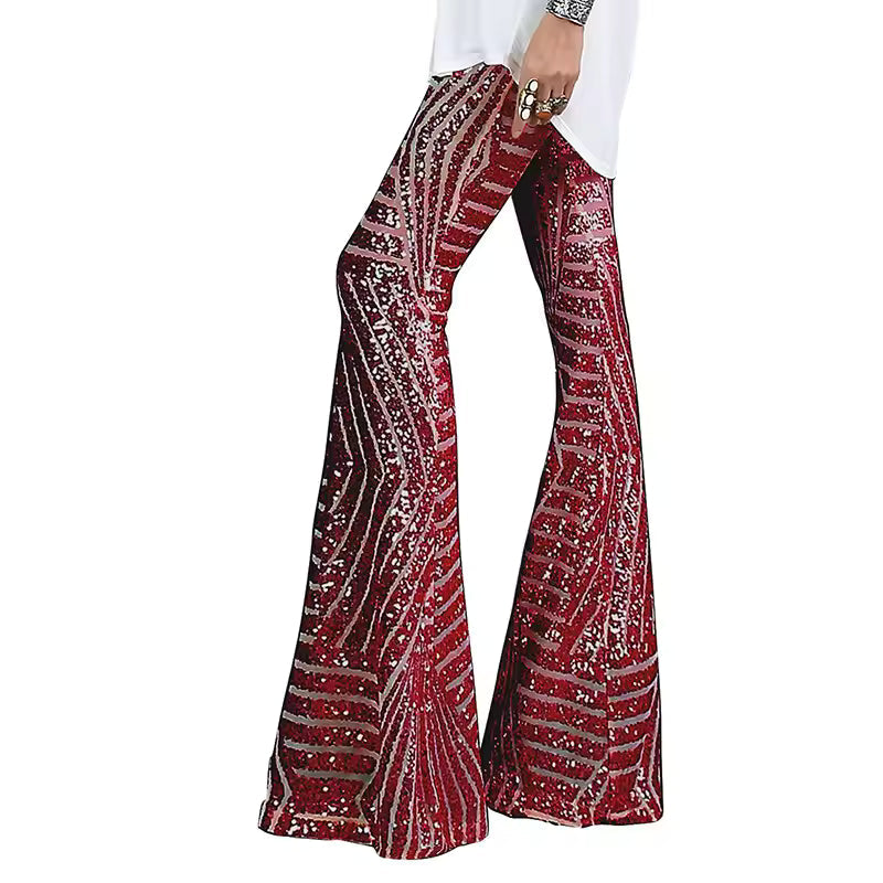 Trendy Striped Sequin High Waist Loose Wide Leg Pants Mssza