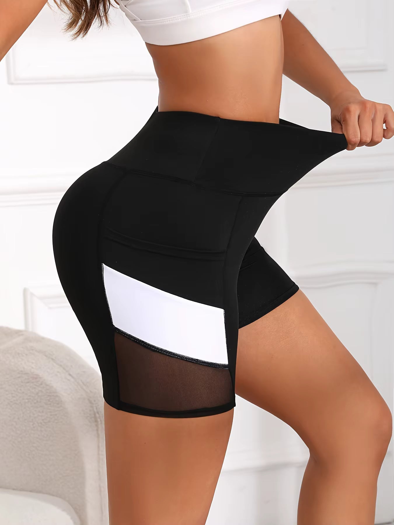 Trendy Tummy Tuck Exercise High Waisted Mesh Yoga Shorts with Pockets Mssza