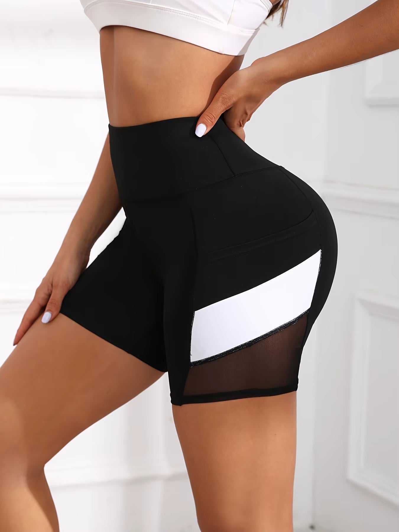 Trendy Tummy Tuck Exercise High Waisted Mesh Yoga Shorts with Pockets Mssza