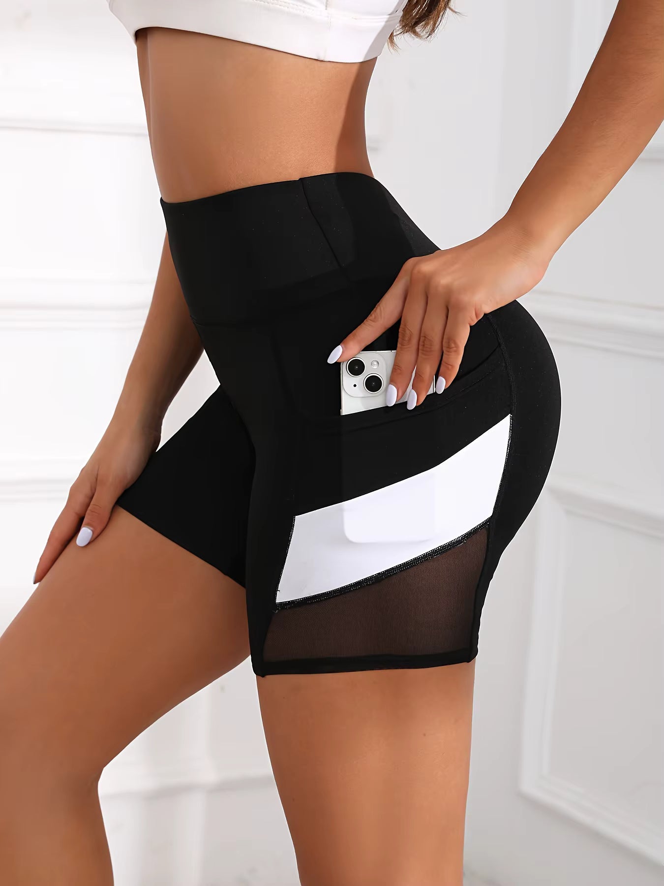 Trendy Tummy Tuck Exercise High Waisted Mesh Yoga Shorts with Pockets Mssza