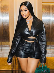 Trendy V-Neck Cross Sash PU Hipster Leather Streetwear Crop Tops Shorts 2 Piece Set Mssza