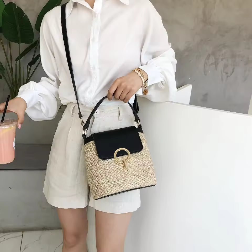 Trendy Version Versatile Handheld Crossbody Bucket Beach Vacation Woven Bag Mssza
