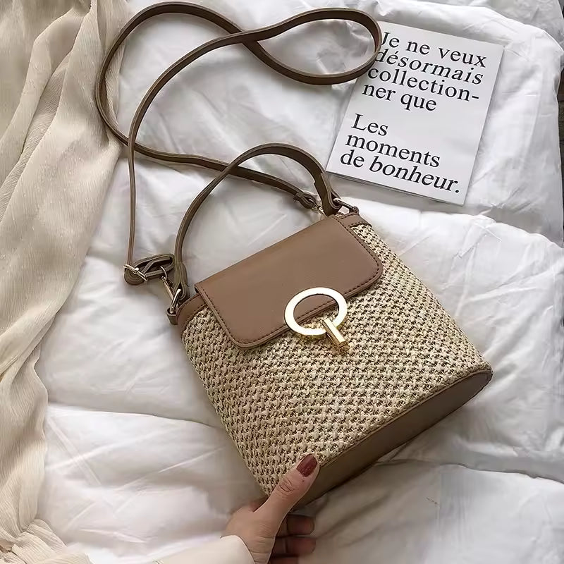 Trendy Version Versatile Handheld Crossbody Bucket Beach Vacation Woven Bag Mssza
