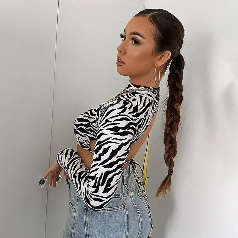 Trendy Zebra Print Backless Long Sleeve Lace-up Cropped T-shirt Mssza
