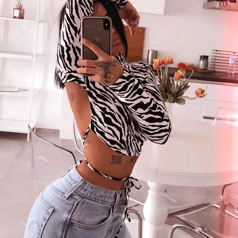 Trendy Zebra Print Backless Long Sleeve Lace-up Cropped T-shirt Mssza