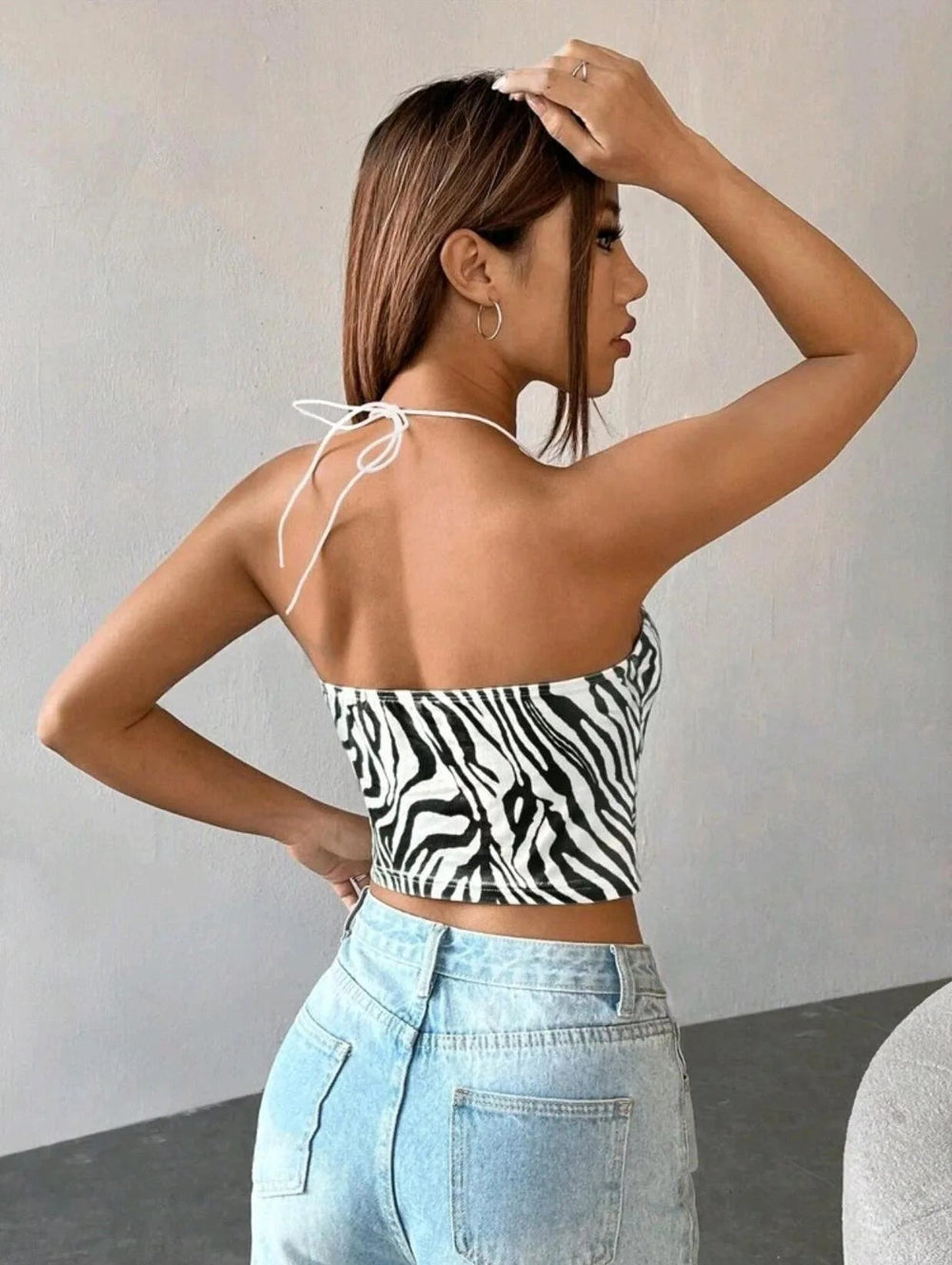 Trendy Zebra Stripe Print Back Lace Short Suspended Slight Stretch Tank Top Mssza
