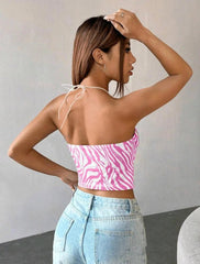 Trendy Zebra Stripe Print Back Lace Short Suspended Slight Stretch Tank Top Mssza
