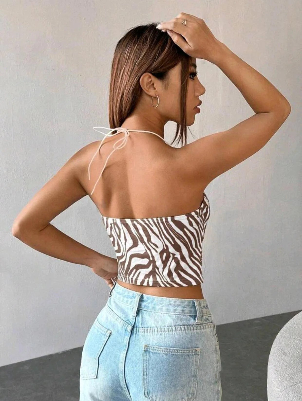 Trendy Zebra Stripe Print Back Lace Short Suspended Slight Stretch Tank Top Mssza