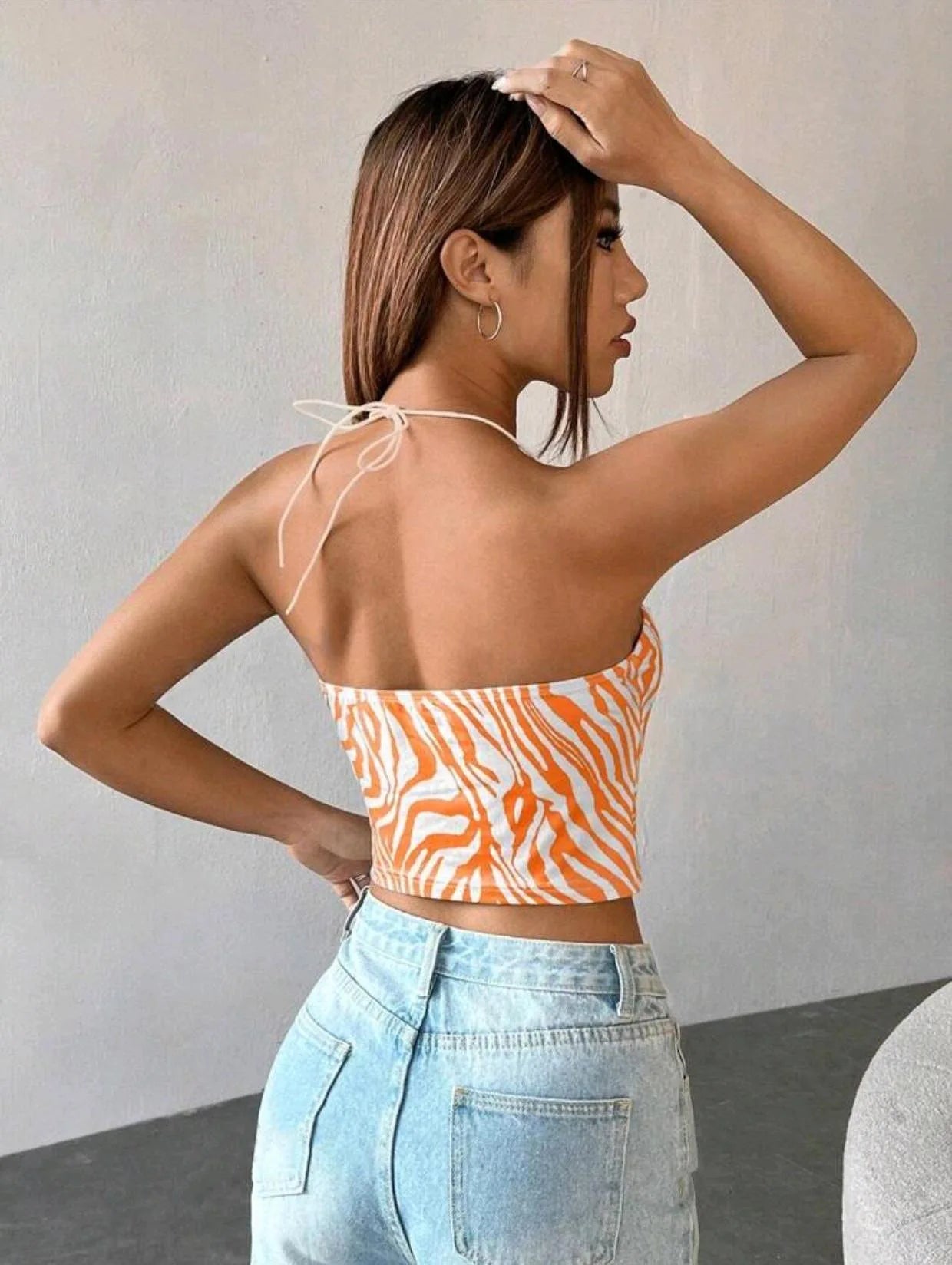 Trendy Zebra Stripe Print Back Lace Short Suspended Slight Stretch Tank Top Mssza