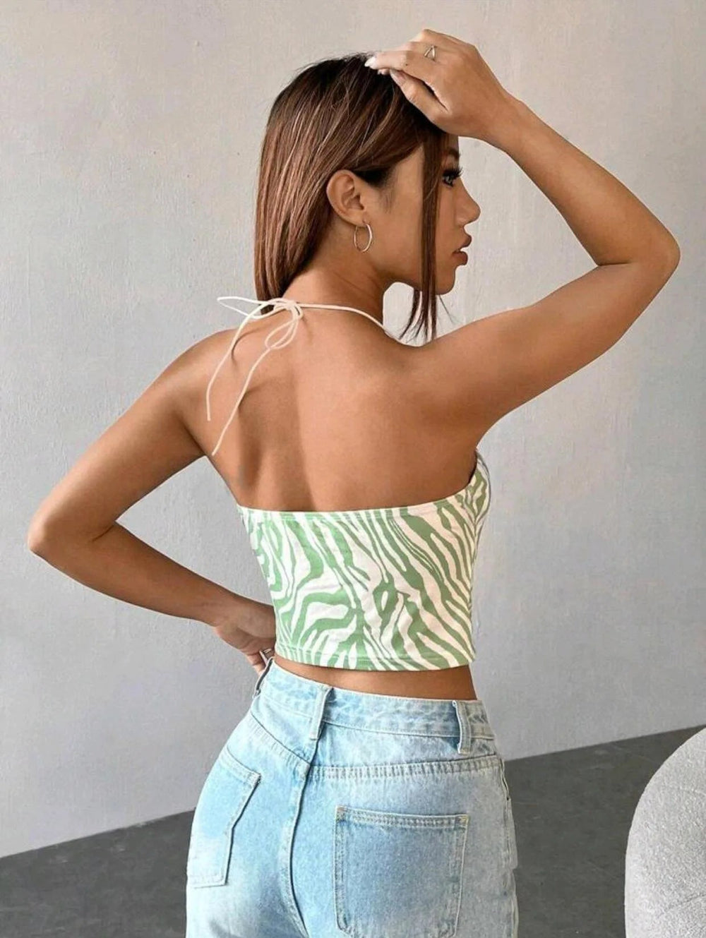 Trendy Zebra Stripe Print Back Lace Short Suspended Slight Stretch Tank Top Mssza